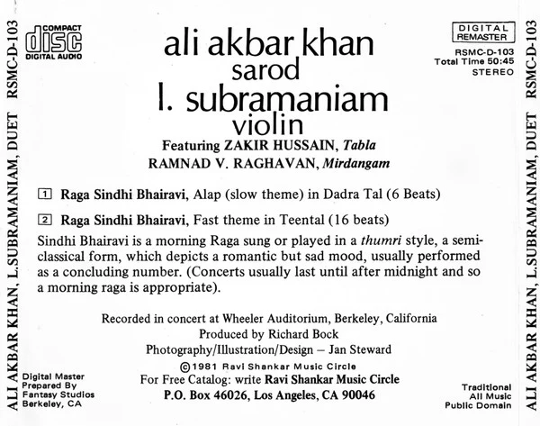 Ali Akbar Khan, L. Subramaniam - Duet (CD, Album) - Image 2