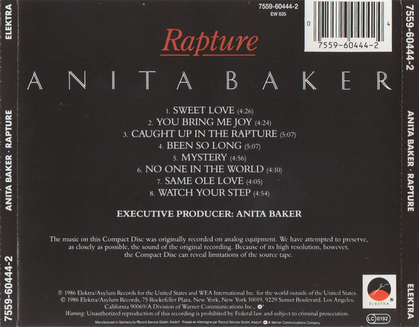 Anita Baker - Rapture (CD+G, Album, RE) - Image 3