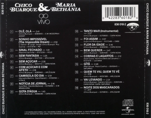 Chico Buarque & Maria Bethânia - Chico Buarque & Maria Bethânia Ao Vivo (CD, RM) - Image 2