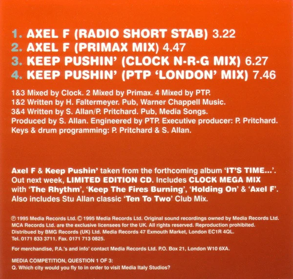 Clock - Axel F / Keep Pushin' (CD, Single, CD1) - Image 2