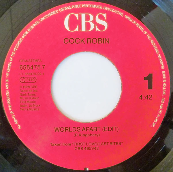 Cock Robin - Worlds Apart  (7", Single) - Image 3