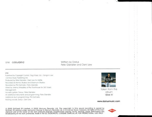 Darius (7) - Colourblind (CD, Single, Promo) - Image 2