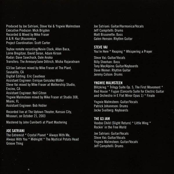 G3 (6), Joe Satriani, Steve Vai, Yngwie Malmsteen - G3 Live: Rockin' In The Free World (2xCD, Album) - Image 4