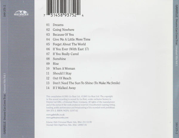Gabrielle - Dreams Can Come True - Greatest Hits Vol 1 (CD, Comp) - Image 2