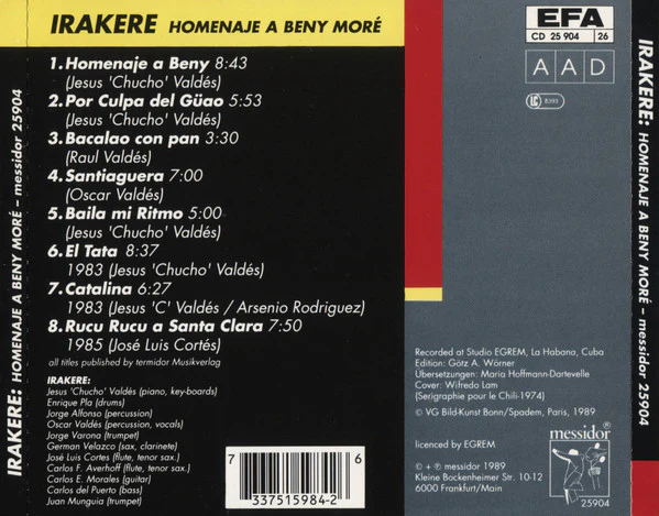 Irakere - Homenaje A Beny Moré (CD, Album, Bro) - Image 2