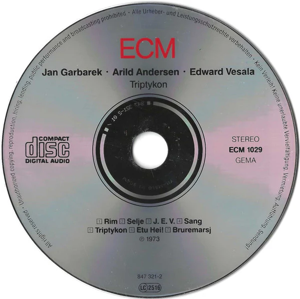 Jan Garbarek • Arild Andersen • Edward Vesala - Triptykon (CD, Album, RE) - Image 3
