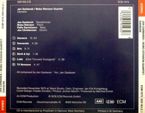 Jan Garbarek / Bobo Stenson Quartet* - Dansere (CD, Album, RE) - Image 2
