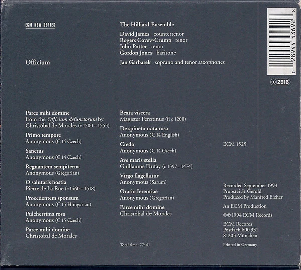 Jan Garbarek / The Hilliard Ensemble - Officium (CD, Album, Sli) - Image 2
