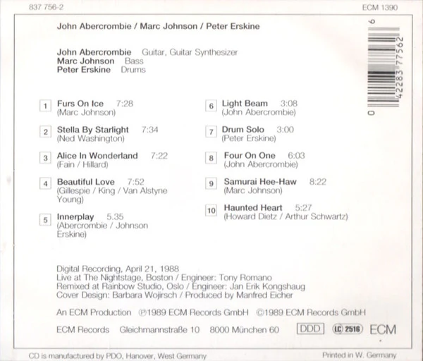 John Abercrombie / Marc Johnson (2) / Peter Erskine - John Abercrombie / Marc Johnson / Peter Erskine (CD, Album) - Image 2