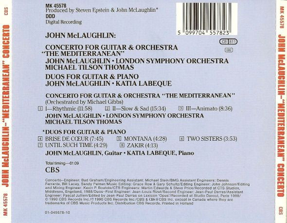 John McLaughlin & Katia Labeque* / Michael Tilson Thomas ~ London Symphony Orchestra* - Concerto  For Guitar & Orchestra "The Mediterranean" / Duos For Guitar & Piano (CD, Album) - Image 2