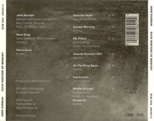 John Surman, Karin Krog, Pierre Favre - Such Winters Of Memory (CD, Album, RE) - Image 3