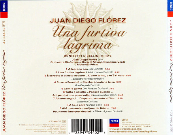 Juan Diego Florez, Riccardo Frizza, Orchestra Sinfonica* E Coro di Milano Giuseppe Verdi* - Una Furtiva Lagrima (CD, Album) - Image 2