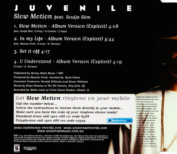 Juvenile (2) Feat. Soulja Slim - Slow Motion (CD, Single, Promo) - Image 4