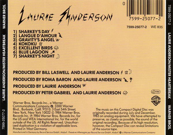 Laurie Anderson - Mister Heartbreak (CD, Album, RE) - Image 2