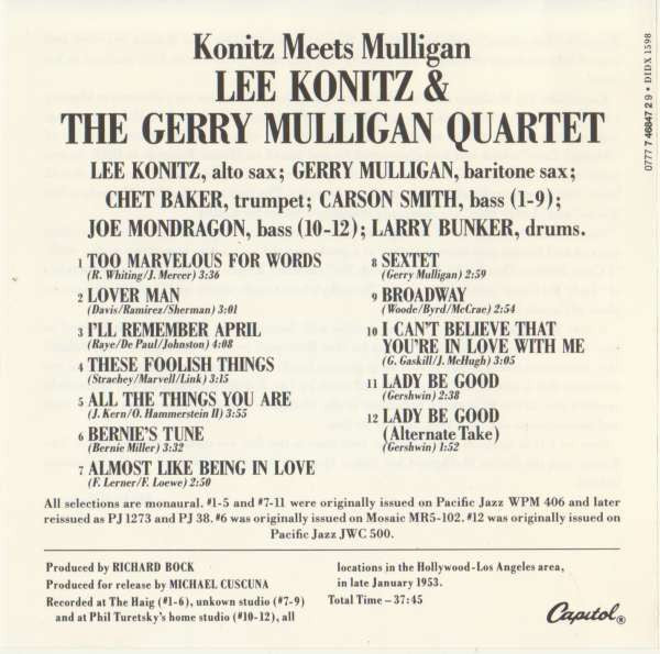 Lee Konitz & The Gerry Mulligan Quartet* - Konitz Meets Mulligan (CD, Album, RE) - Image 4