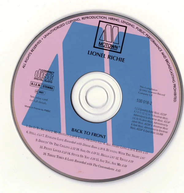 Lionel Richie - Back To Front (CD, Comp, RP) - Image 3