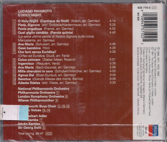 Luciano Pavarotti, Kurt Herbert Adler, National Philharmonic* - O Holy Night (CD, Comp, RM) - Image 2