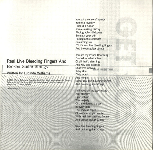 Lucinda Williams - Real Live Bleeding Fingers And Broken Guitar Strings (CD, Single, Promo) - Image 2