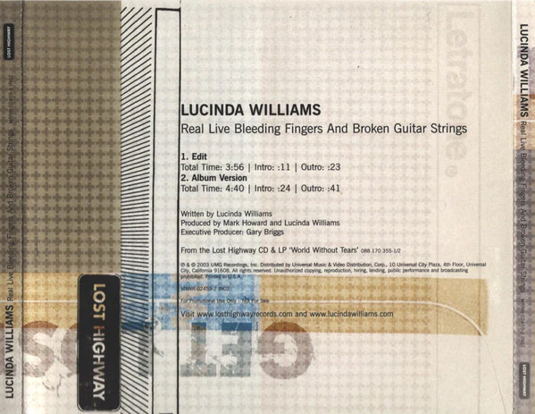 Lucinda Williams - Real Live Bleeding Fingers And Broken Guitar Strings (CD, Single, Promo) - Image 3