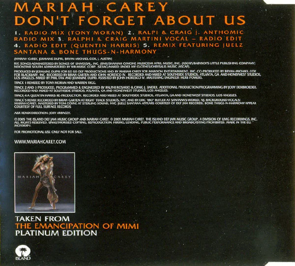 Mariah Carey - Don't Forget About Us (Remixes) (CD, Maxi, Promo) - Image 2