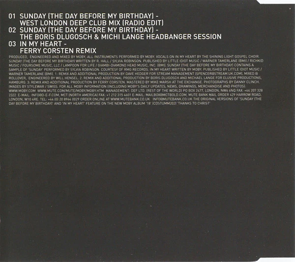 Moby - Sunday (The Day Before My Birthday) (CD, Single) - Image 3