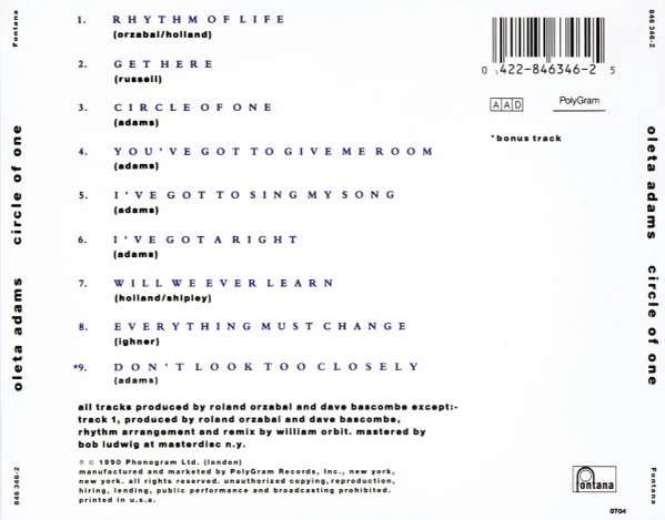 Oleta Adams - Circle Of One (CD, Album) - Image 2