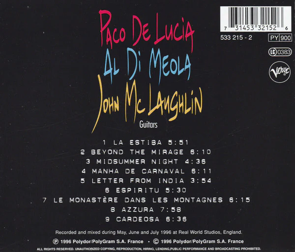 Paco De Lucía, Al Di Meola, John McLaughlin - The Guitar Trio (CD, Album, RE) - Image 2