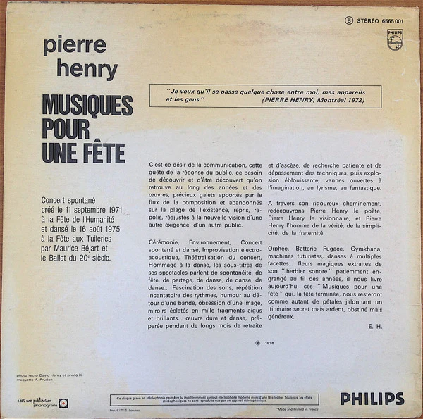 Pierre Henry - Musiques Pour Une Fête (LP, Album) - Image 2