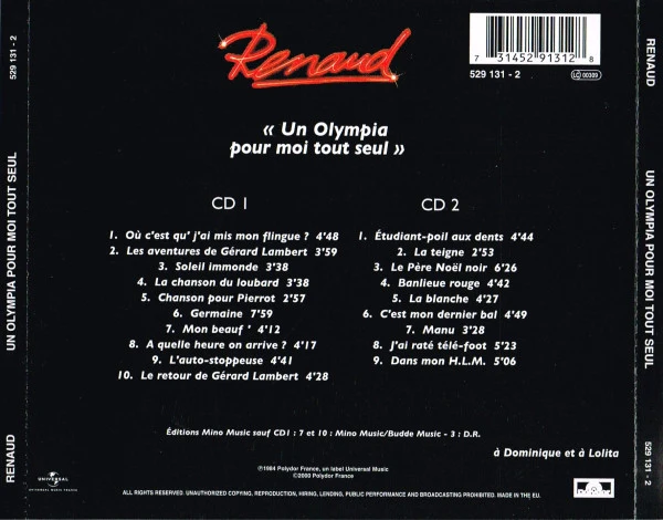 Renaud - Un Olympia Pour Moi Tout Seul (2xCD, Album, RE) - Image 2