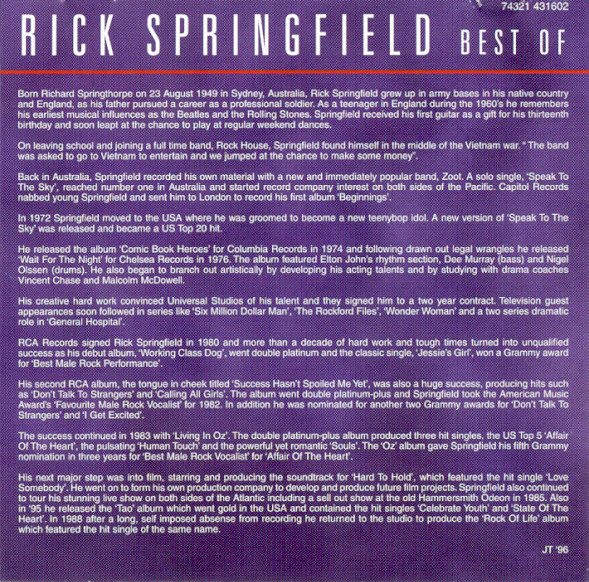 Rick Springfield - Best Of (CD, Comp) - Image 2
