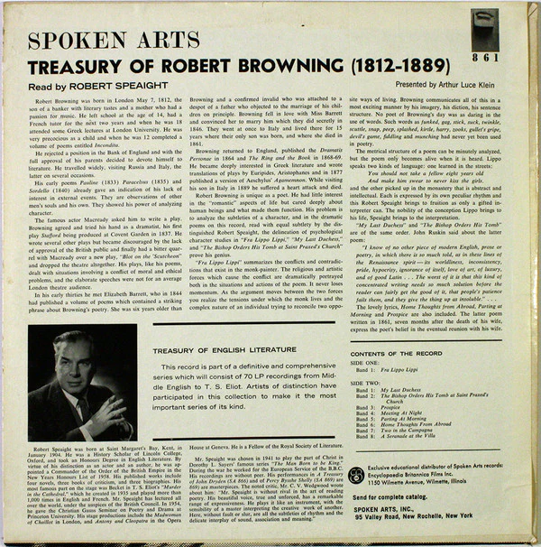 Robert Speaight - Treasury Of Robert Browning Read By Robert Speaight (LP) - Image 2