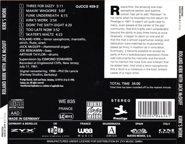 Roland Kirk With Jack McDuff* - Kirk's Work (CD, Album, RE, RM) - Image 2