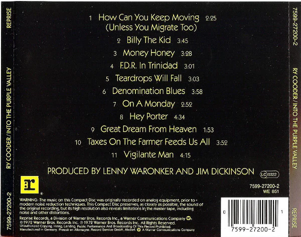 Ry Cooder - Into The Purple Valley (CD, Album) - Image 2