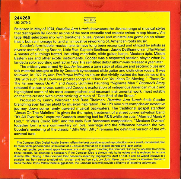 Ry Cooder - Paradise And Lunch (CD, Album) - Image 4
