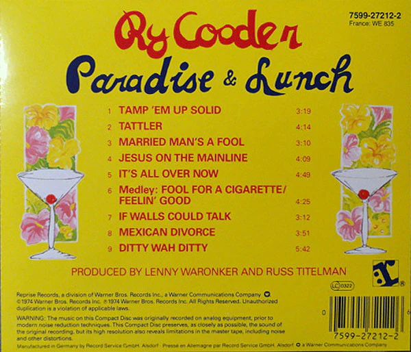 Ry Cooder - Paradise And Lunch (CD, Album) - Image 5