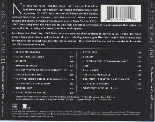 Simon & Garfunkel - Live From New York City, 1967 (CD, Album, RE) - Image 2