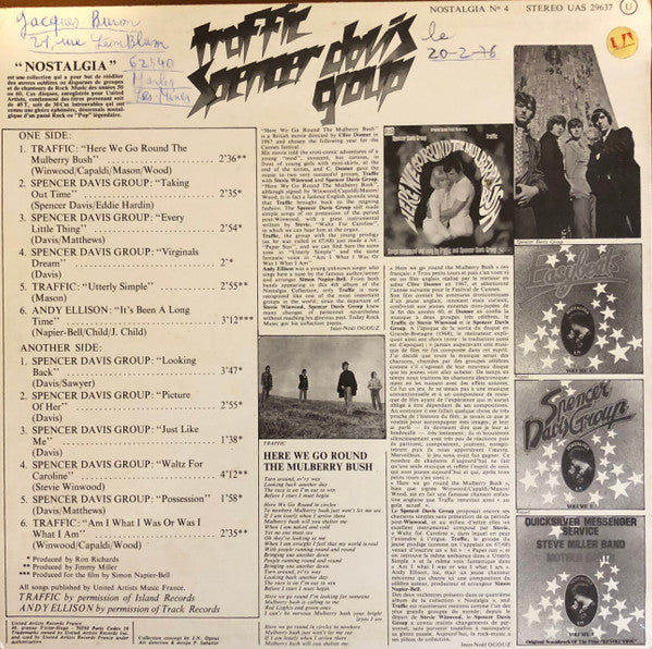 Spencer Davis Group* / Traffic - Nostalgia Volume 4 - Original Soundtrack Of The Film "Here We Go Round The Mulberry Bush" (LP, Album, RE) - Image 2