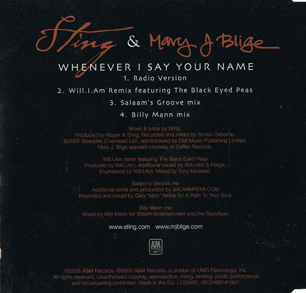 Sting & Mary J Blige* - Whenever I Say Your Name (CD, Maxi) - Image 3