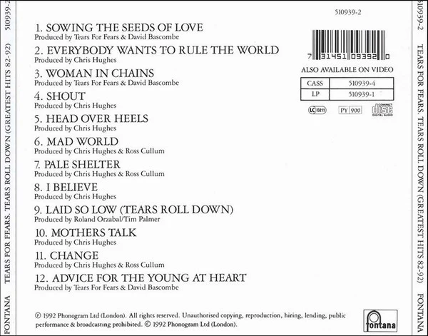 Tears For Fears - Tears Roll Down (Greatest Hits 82-92) (CD, Comp, RP) - Image 3