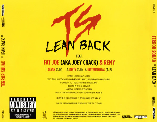 Terror Squad Feat. Fat Joe Aka Joey Crack* & Remy* - Lean Back (CD, Single, Promo) - Image 2