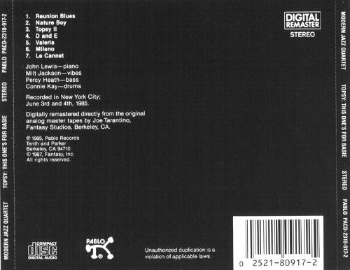 The Modern Jazz Quartet - "Topsy" This One's For Basie (CD, Album) - Image 2