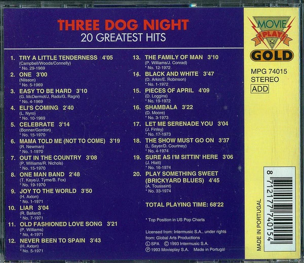 Three Dog Night - 20 Greatest Hits (CD, Comp) - Image 2