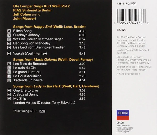 Ute Lemper, John Mauceri, RIAS Sinfonietta Berlin*, Jeff Cohen (2) - Sings Kurt Weill Vol. 2 (CD, Album, Club) - Image 2